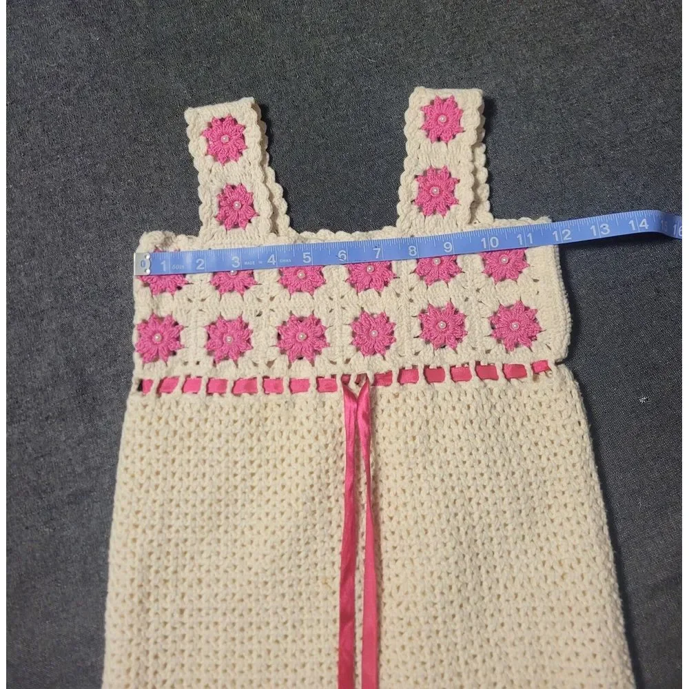 Vintage Hand‎ Knit Girls Dress Crochet Cream Pink 10-12 Or Womens XXS
